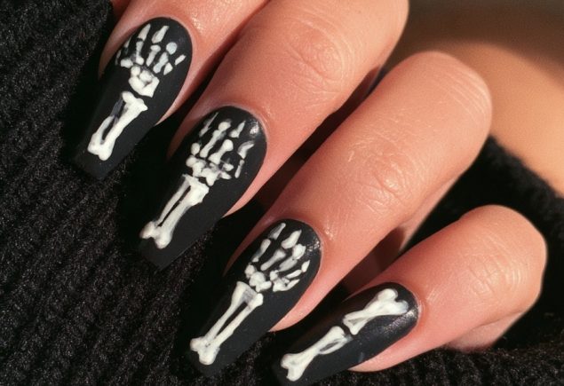 Hand with long coffin nails in black with white skeleton bone art resting on a black sweater