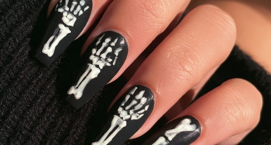 Hand with long coffin nails in black with white skeleton bone art resting on a black sweater
