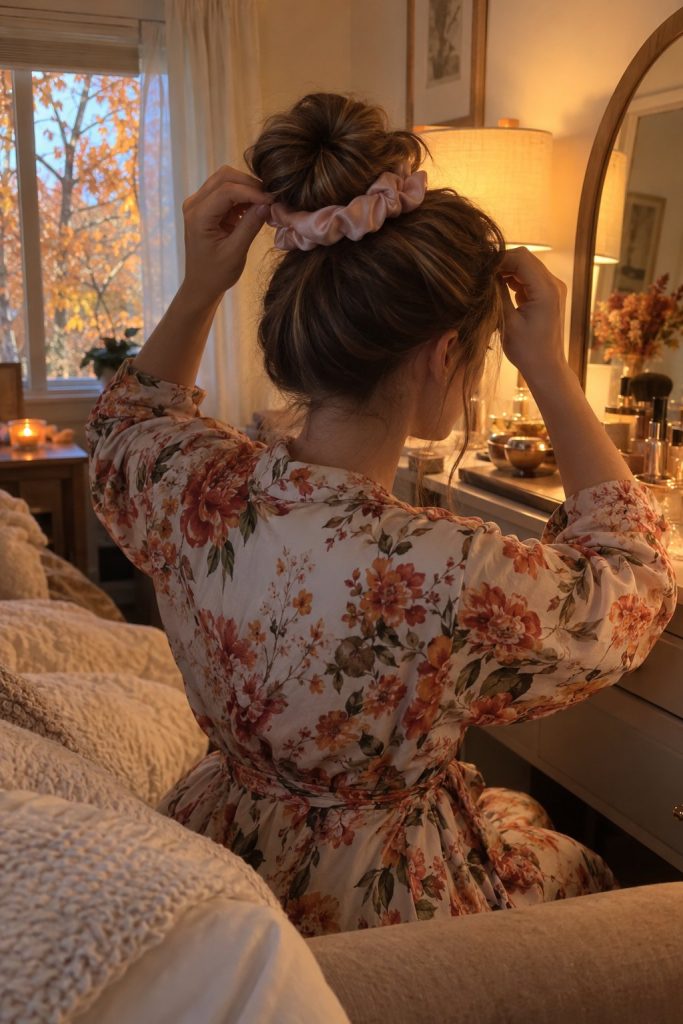 Woman in a floral robe making a high sock bun with a pink satin scrunchie for heatless curls