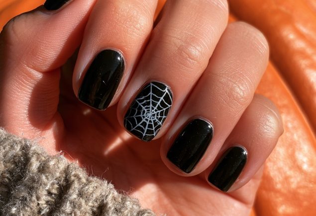 Hand with short black nails and a white spider web design on the ring finger resting on an orange pumpkin