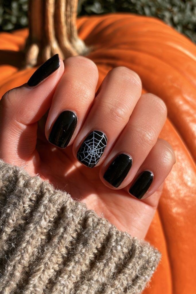Hand with short black nails and a white spider web design on the ring finger resting on an orange pumpkin