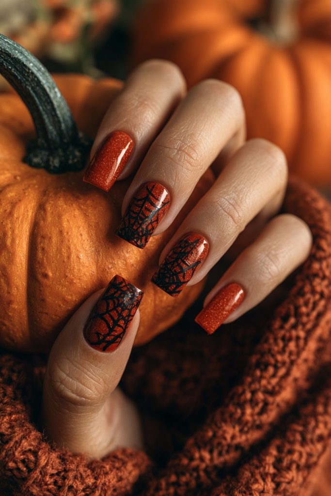Hand with square nails in burnt orange and black spider web accents holding a small pumpkin