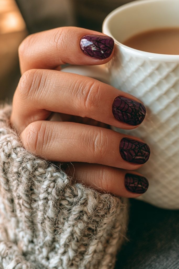 Hand with short deep purple nails and fine dark web detail holding a white mug