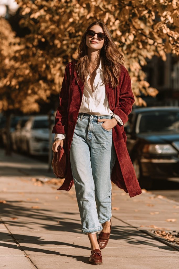Woman in sunglasses wearing a long burgundy suede coat over a white shirt with rolled light wash jeans and burgundy loafers on an autumn street