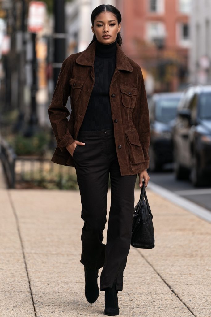 Woman wearing a chocolate brown suede jacket over a black turtleneck with black trousers, black ankle boots and a black handbag on a leafy sidewalk