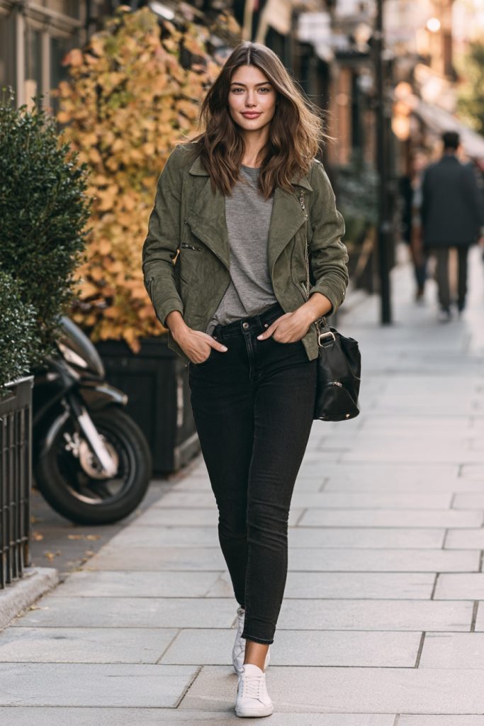 Woman wearing an olive green suede jacket over a grey tee with slim black jeans, white sneakers and a black bag on a city sidewalk