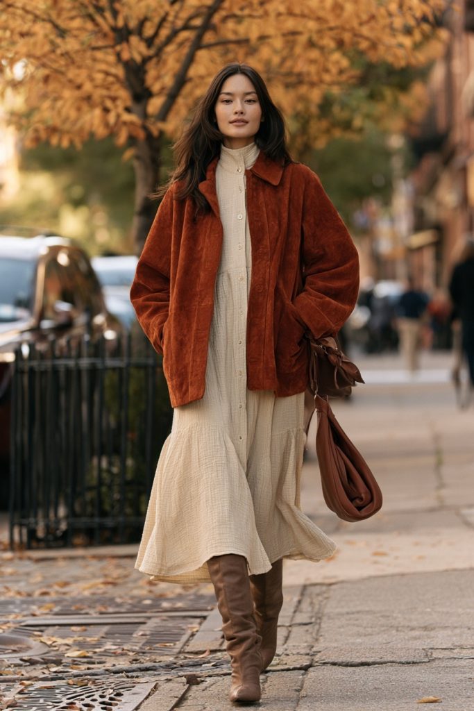 Woman in a rust suede jacket over a cream tiered midi dress with tan knee high boots and a brown leather bag walking on an autumn street