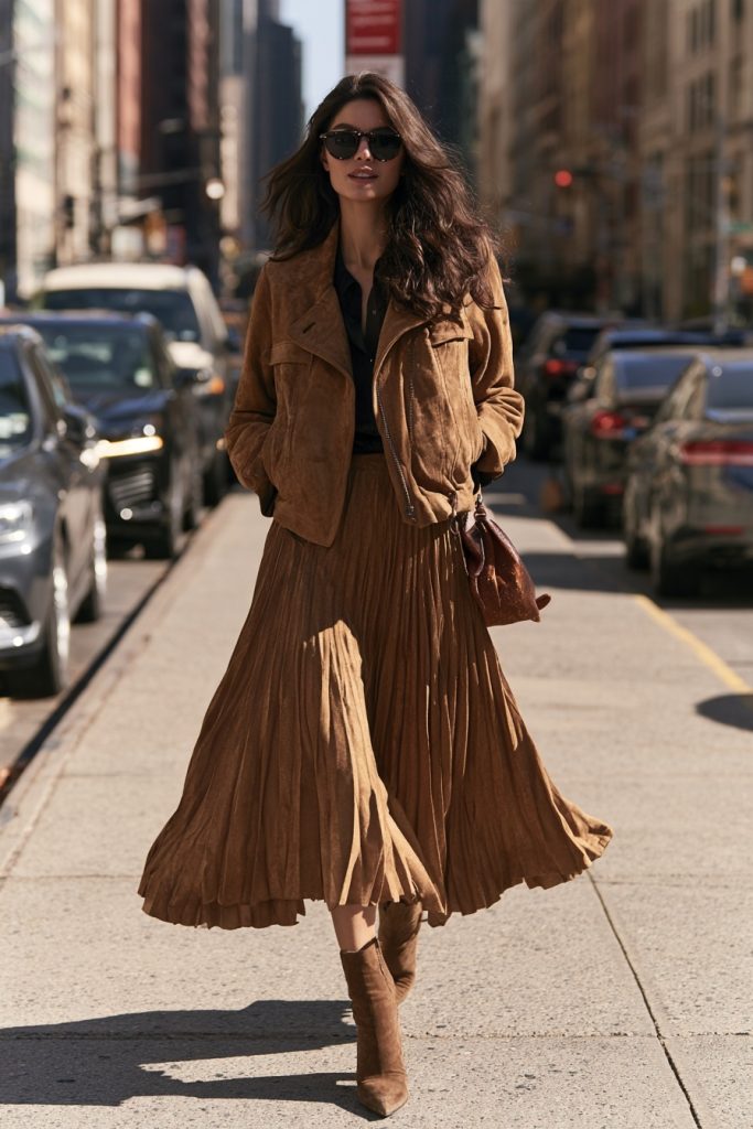 Woman in sunglasses wearing a tan suede jacket with a matching brown pleated midi skirt, ankle boots and a small bag on a sunny street