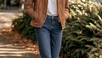 suede jacket outfit tan white tee straight jeans loafers