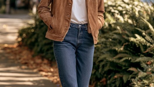 suede jacket outfit tan white tee straight jeans loafers