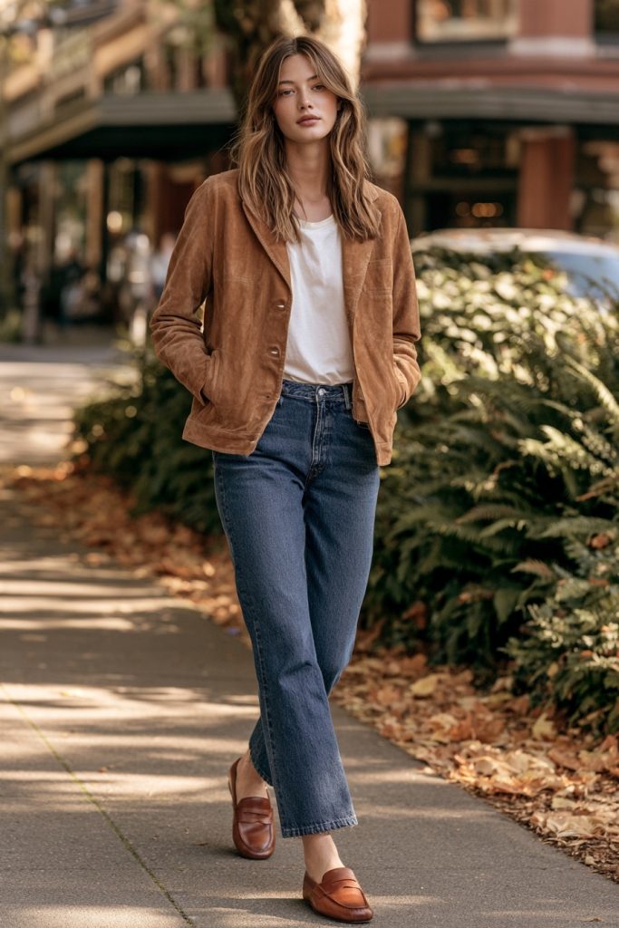 Woman walking on a tree lined sidewalk in a tan suede shirt jacket, a white tee, straight leg mid blue jeans and brown loafers