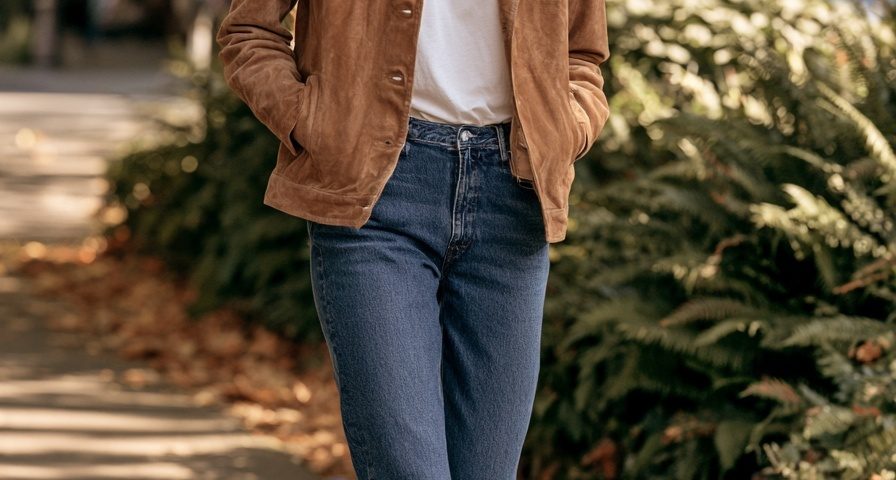 suede jacket outfit tan white tee straight jeans loafers