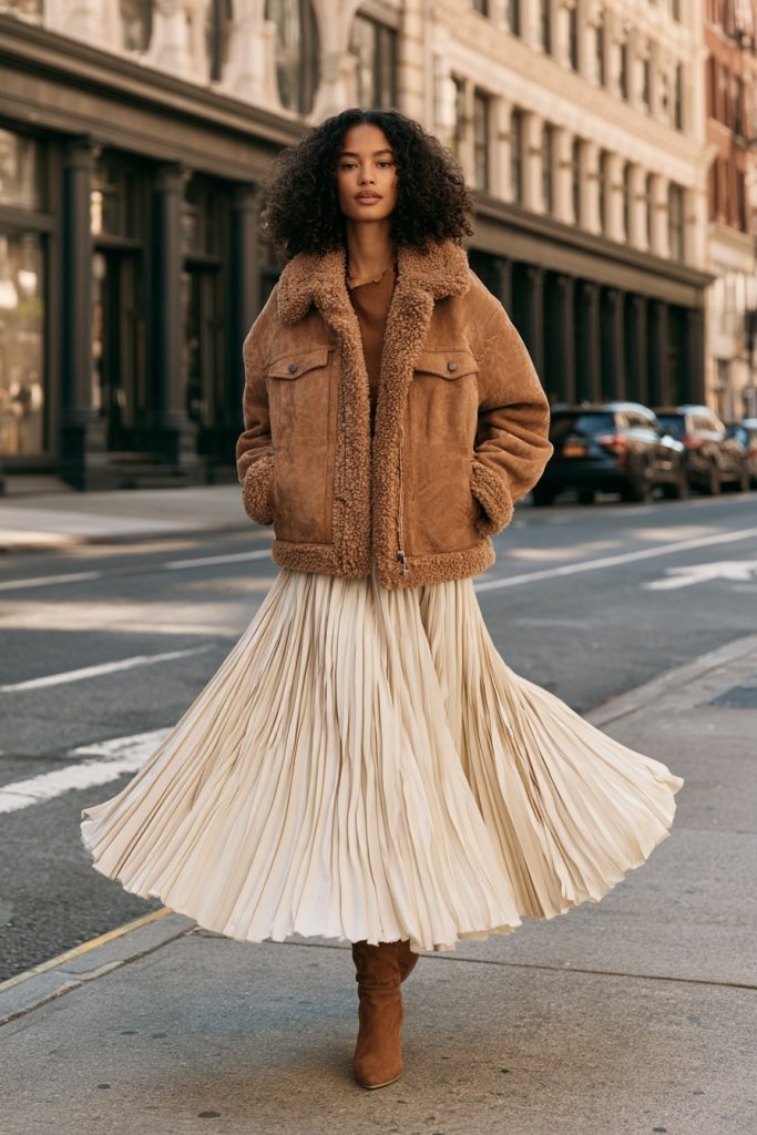 Woman in a tan jacket with a soft fleece collar over a cream pleated midi skirt and tan boots standing on a city street