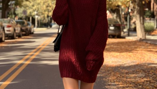 sweater dress outfit burgundy turtleneck knee high boots