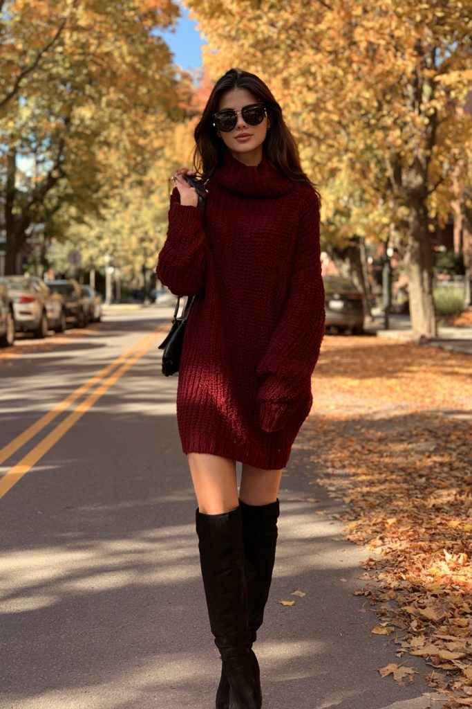 Woman in sunglasses wearing a burgundy chunky turtleneck sweater dress with black suede over-the-knee boots and a small black shoulder bag on a tree-lined autumn street