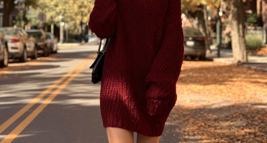 sweater dress outfit burgundy turtleneck knee high boots