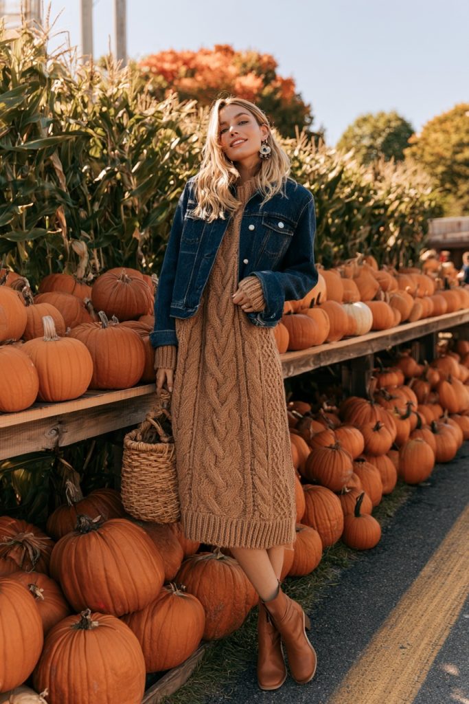 Smiling blonde woman in a camel cable-knit sweater dress with a dark denim jacket and brown ankle boots holding a woven basket bag beside a pumpkin stand