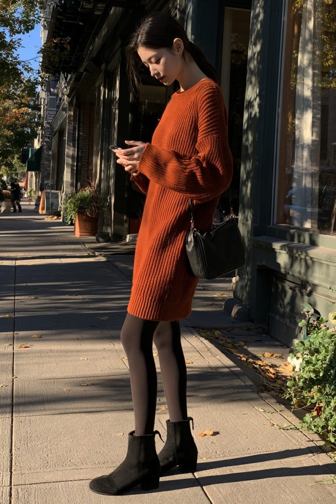 Woman in a rust orange chunky ribbed knit sweater dress with black opaque tights and black suede ankle boots, holding a phone and a small black shoulder bag on a sunny sidewalk