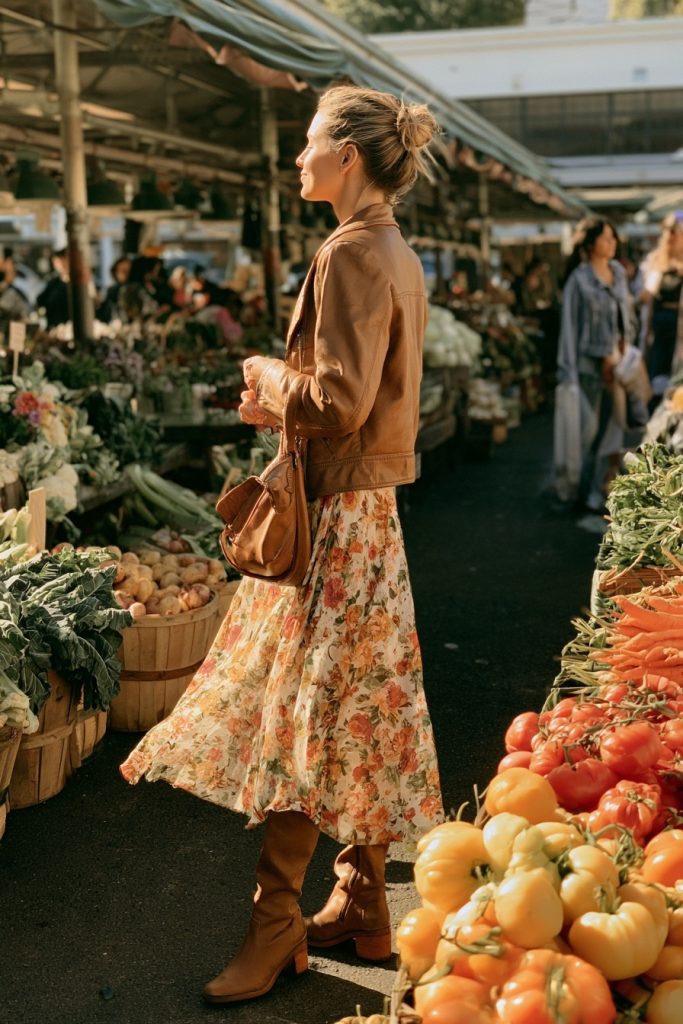 Woman in a tan leather jacket with a floral midi dress and tall boots at a farmers market