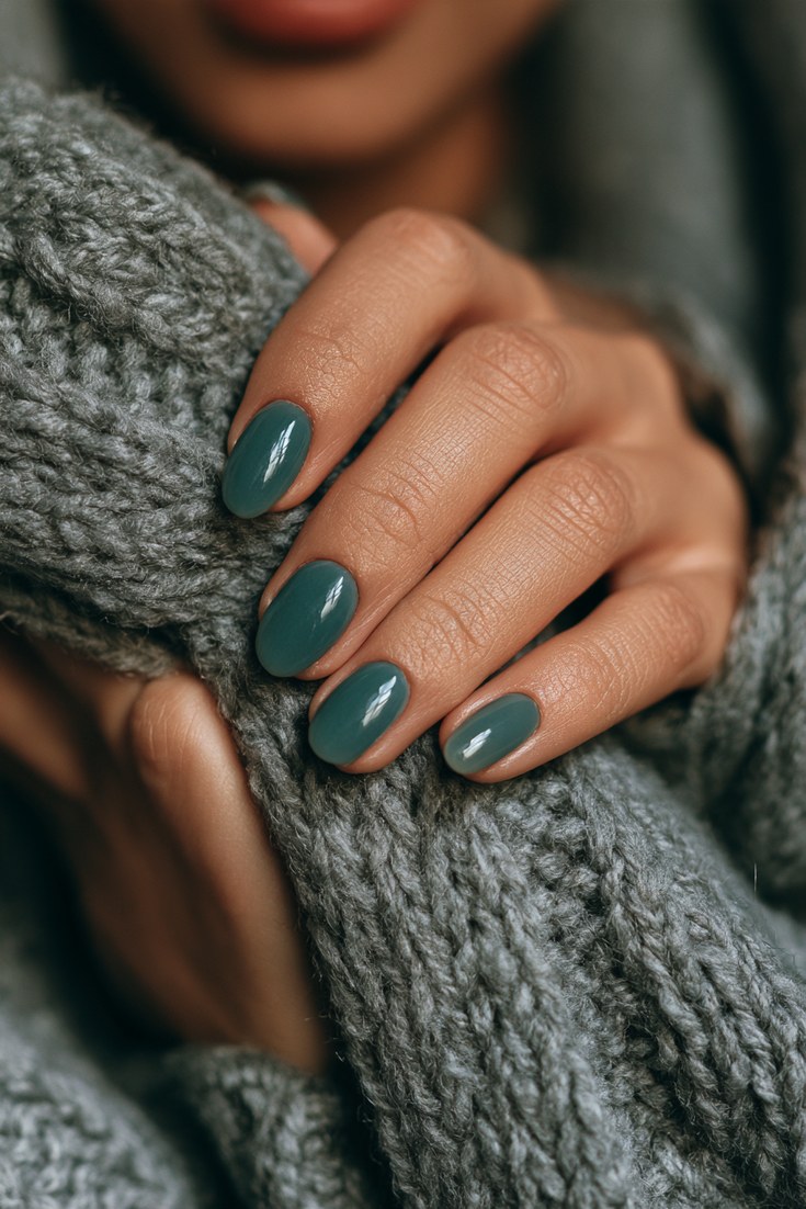 Short almond nails in translucent teal jelly gel on a hand resting on a grey wool scarf