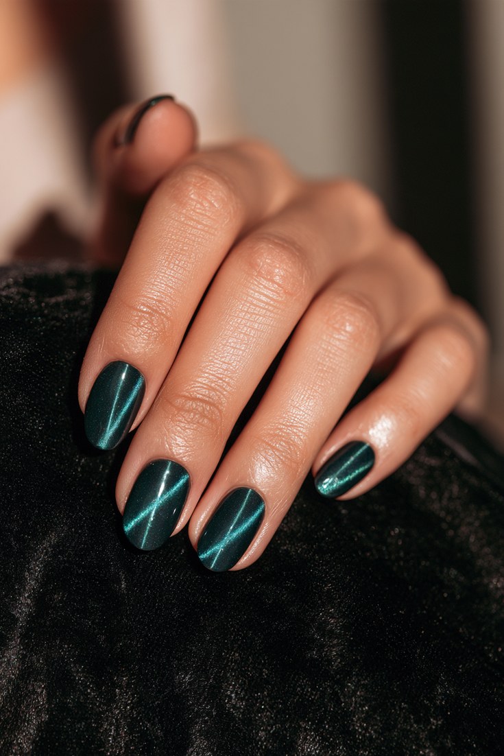 Medium oval nails in teal magnetic cat eye gel on a hand resting on black velvet