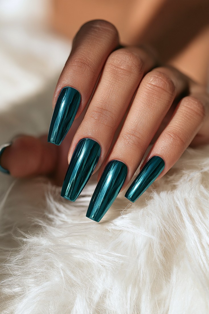 Long coffin nails in deep teal mirror chrome on a hand resting on a white faux fur throw