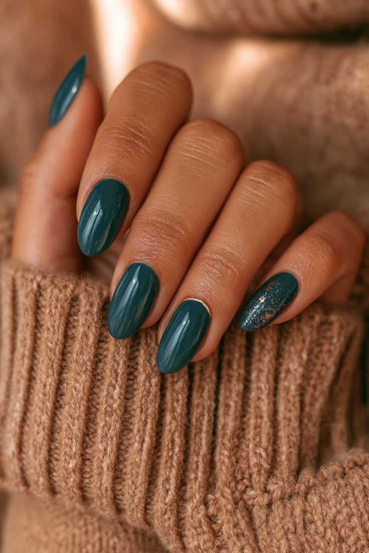 Medium almond nails in deep teal with fine gold foil accents on a hand resting on a camel cashmere sweater