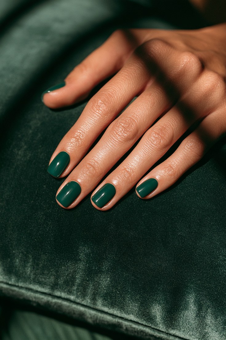 Short squoval nails in matte deep teal on a hand resting on a dark green velvet cushion