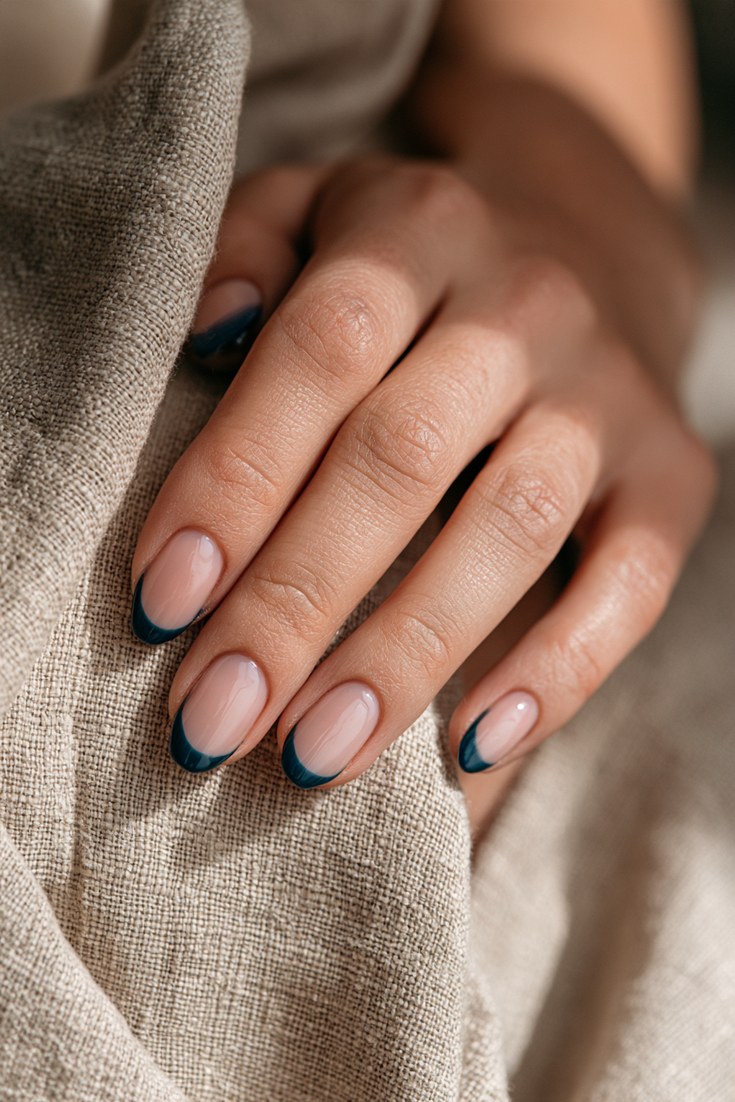 Short almond nails with a milky pink base and deep teal French tips on a hand resting on a beige linen cloth