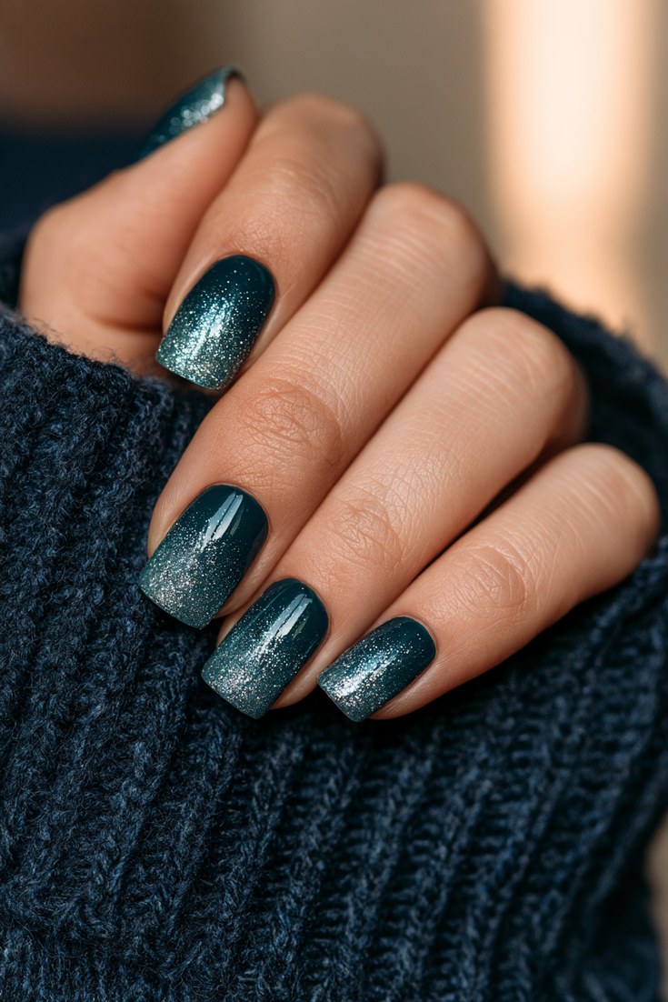 Medium square nails fading from deep teal to fine silver glitter on a hand resting on a navy knit sweater
