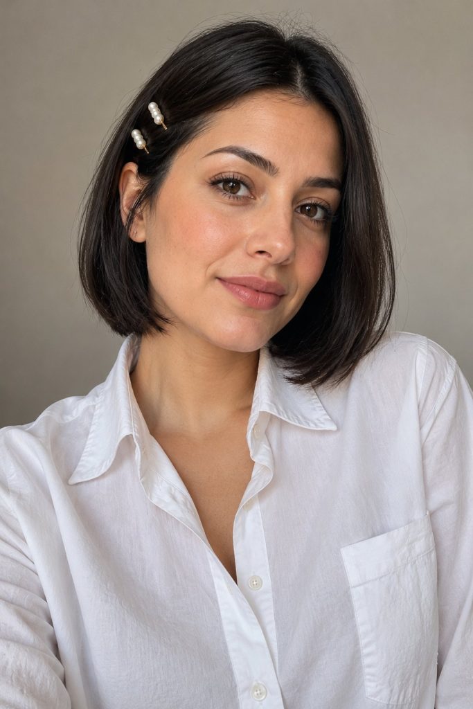 Short black bob tucked behind the ears with two pearl hair clips and a white shirt