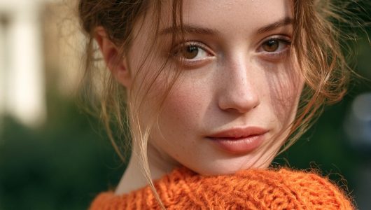 Woman with a crown braid and wispy face framing strands wearing an orange sweater outdoors
