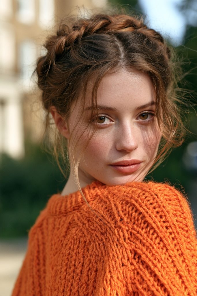 Woman with a crown braid and wispy face framing strands wearing an orange sweater outdoors