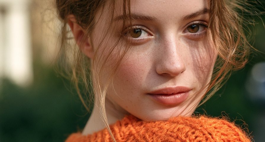 Woman with a crown braid and wispy face framing strands wearing an orange sweater outdoors