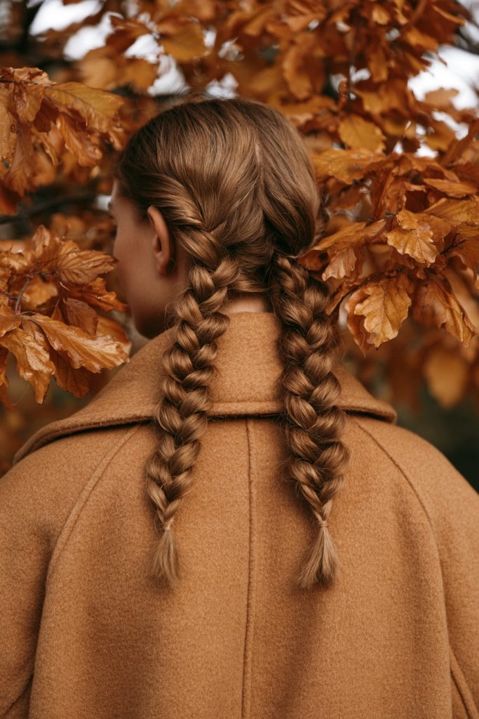 Back view of a woman with two dutch braids wearing a camel coat among autumn leaves