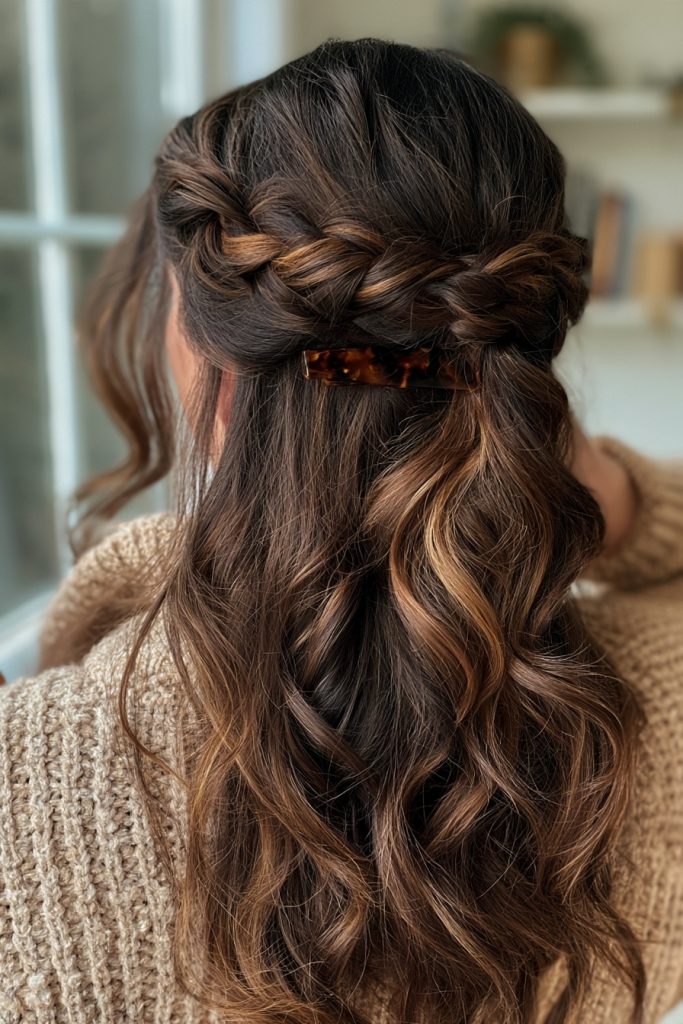 Half up braided hairstyle with soft waves and a tortoiseshell clip on brown hair