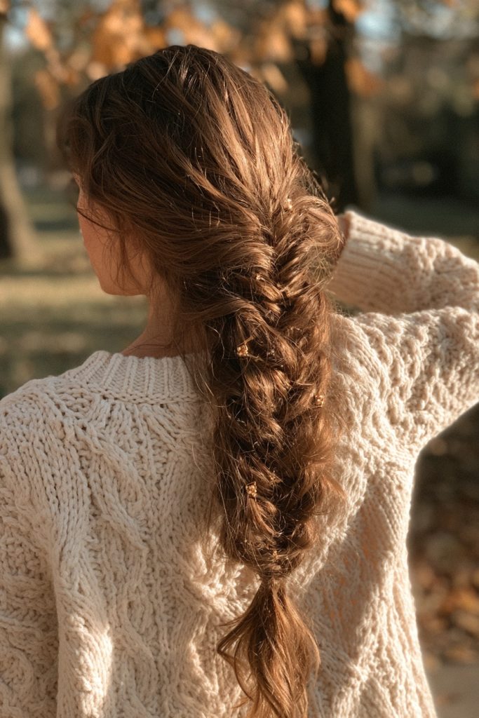 Back view of a woman with a long loose fishtail braid wearing a cream knit sweater in an autumn park