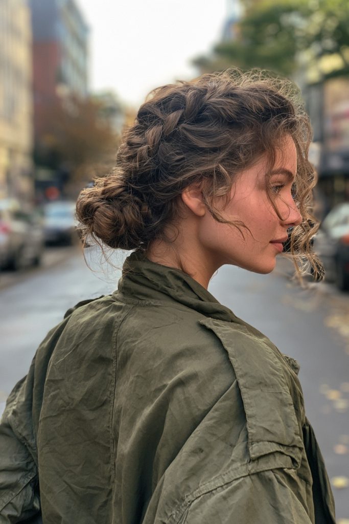Woman with a low braided bun and loose curls wearing an olive jacket on an autumn street