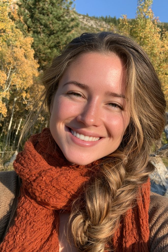 Smiling woman with a side braid over her shoulder and a rust scarf among autumn trees