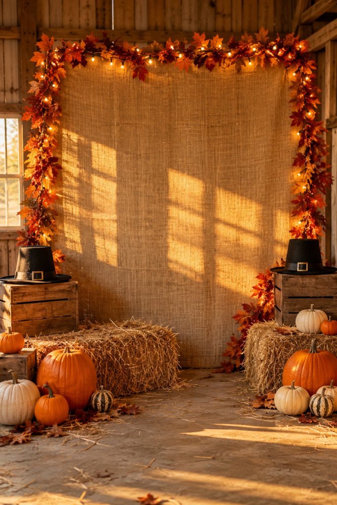 Harvest backdrop with burlap wall, fall leaf garland, string lights, pilgrim hats on crates, hay bales and pumpkins