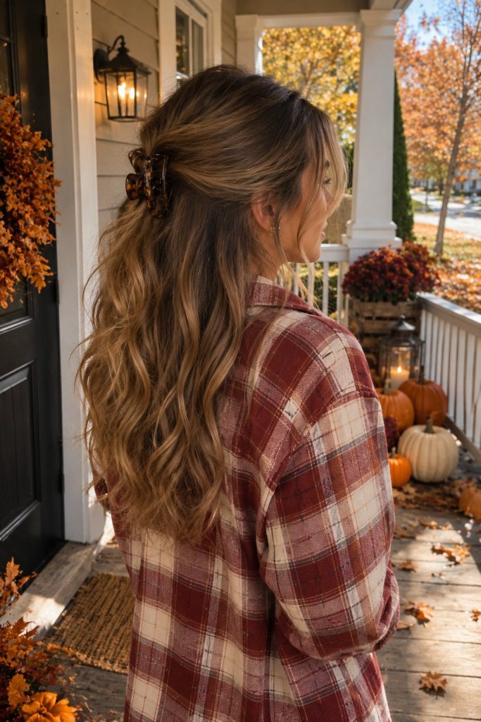 Half-up waves held with a tortoiseshell claw clip and a red flannel shirt on a fall porch