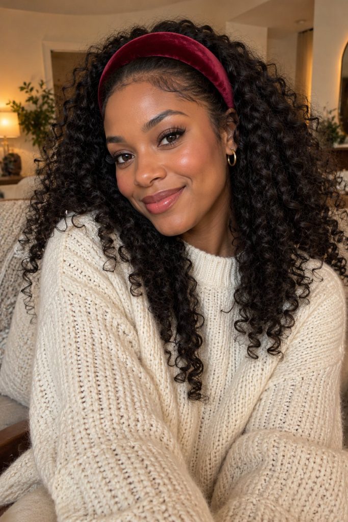 Long natural curls with a burgundy velvet padded headband and a cream chunky knit