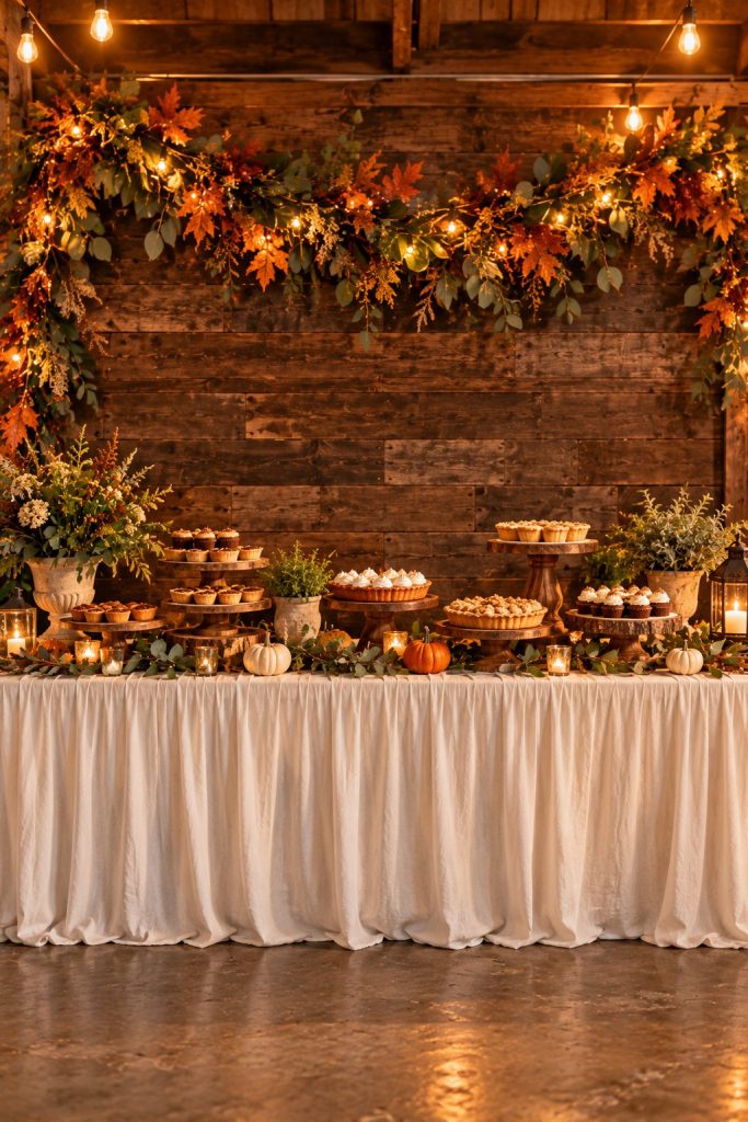 Rustic wood plank wall with greenery garland and string lights behind a long white skirted dessert table with wooden tiered stands and small plants