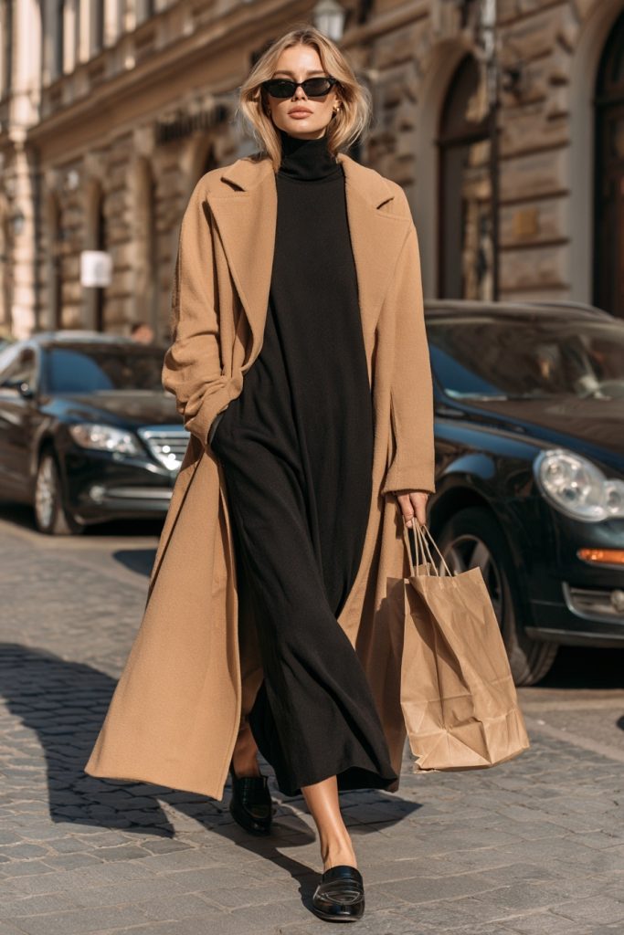 Woman in a black long sleeve midi dress with a camel coat, loafers and a gift bag on an autumn street