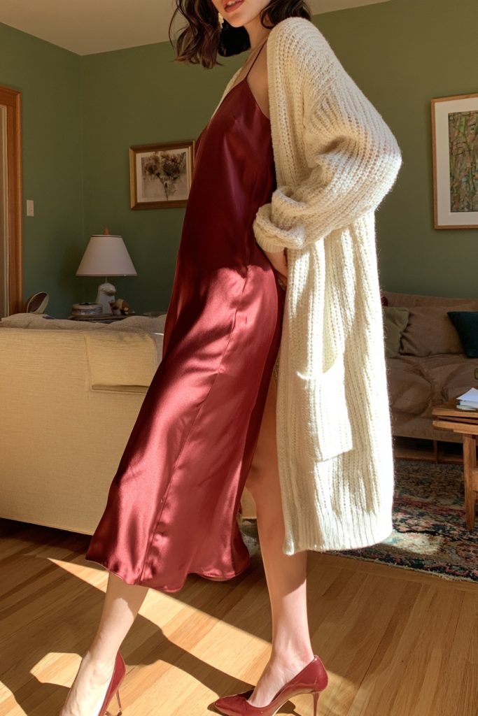 Woman in a burgundy satin slip dress with a cream knit cardigan and burgundy heels in a warm living room