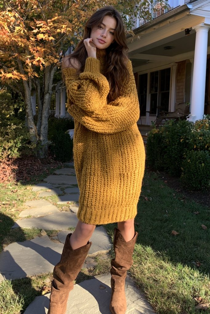 Woman in a mustard yellow knit sweater dress with brown suede boots outside under autumn trees