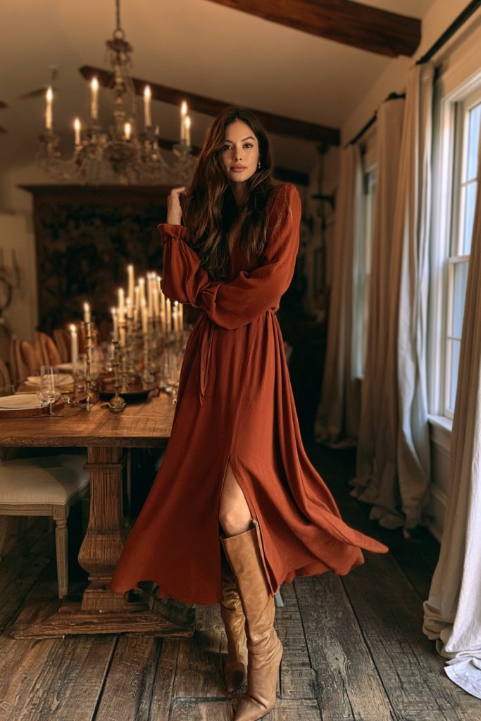 Woman in a rust midi dress with long sleeves and tan knee high boots standing by a candlelit Thanksgiving dining table