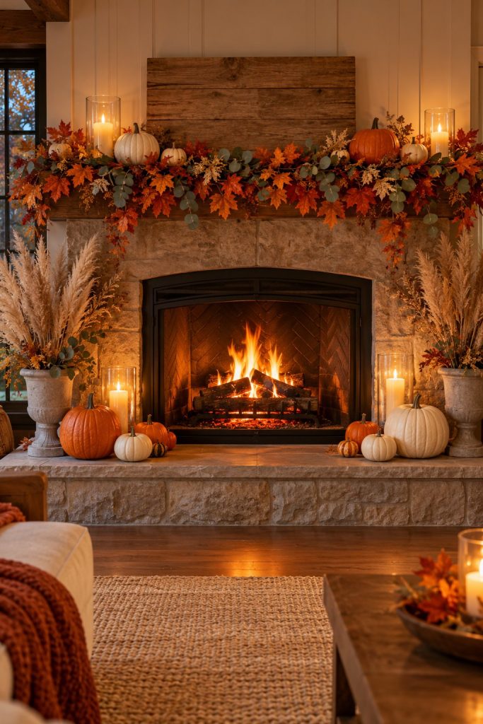 Fireplace with a lit fire, fall leaf and eucalyptus garland, give thanks sign, white and orange pumpkins, candles in hurricanes and pampas in urns