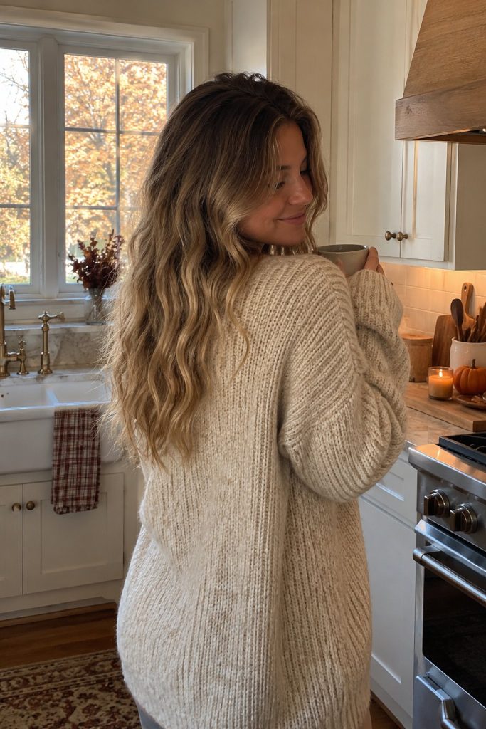 Long dark blonde crimped heatless waves with an oatmeal knit sweater in a cozy kitchen