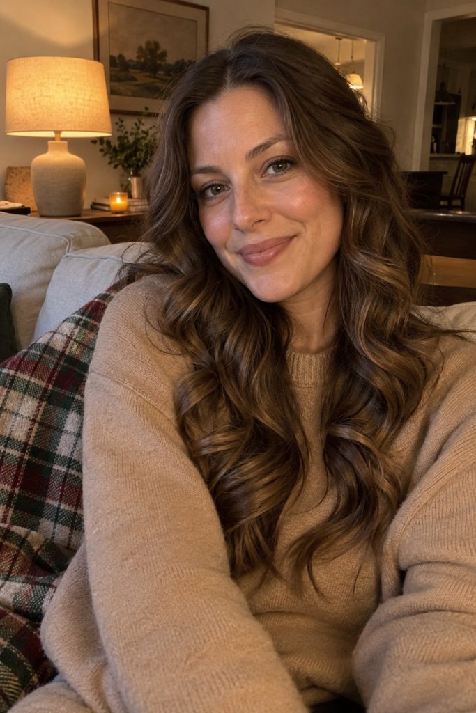 Glossy bouncy heatless curls on long brown hair with a camel sweater and plaid throw